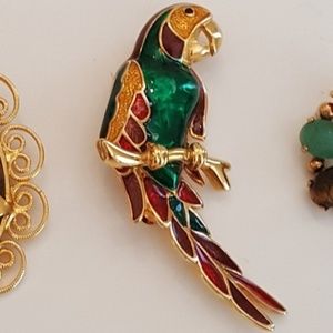 Antique Brooch, Gold Detailed Green & Red Vintage